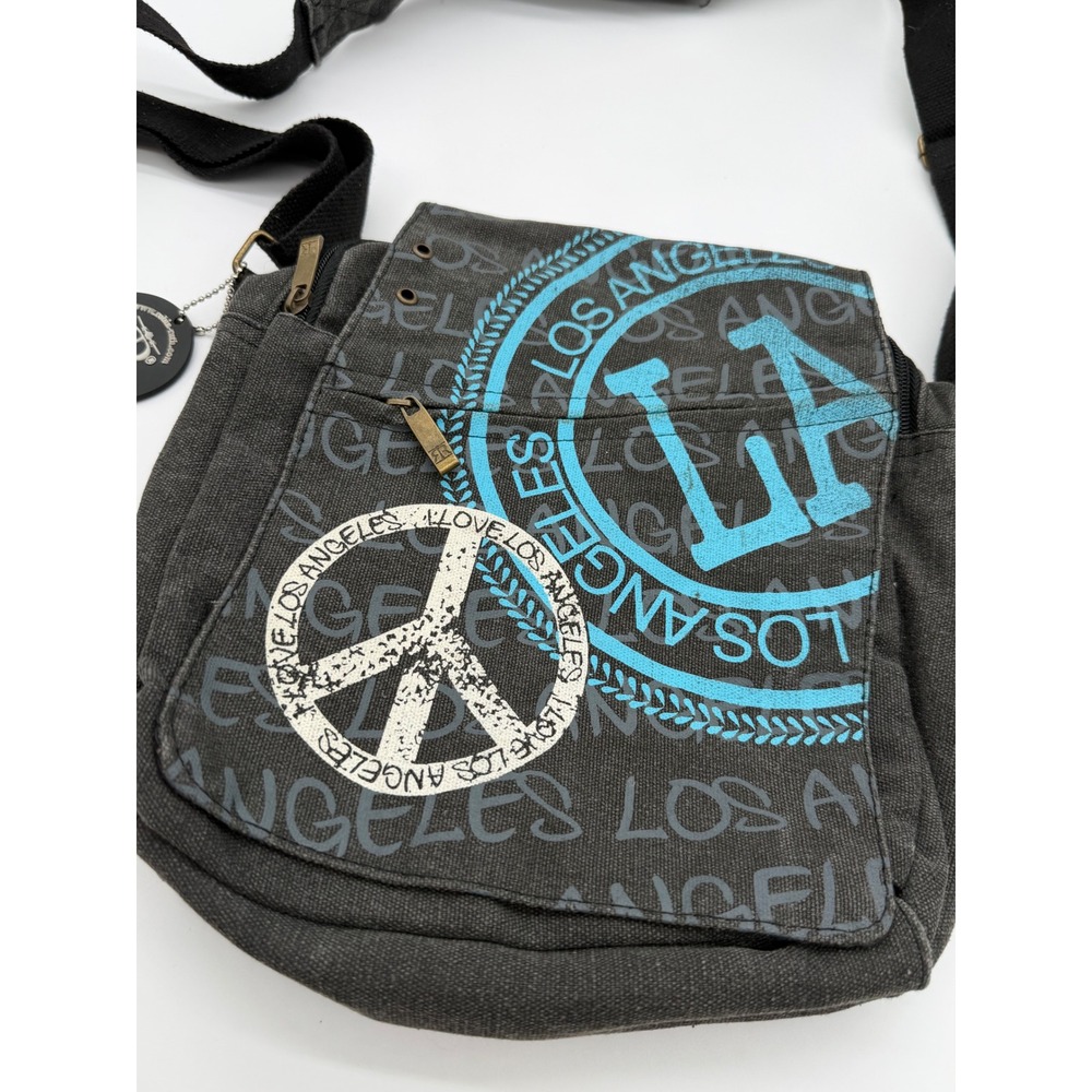 Robin Ruth Los Angeles Canvas Crossbody Bag Gray Peace Sign Messenger